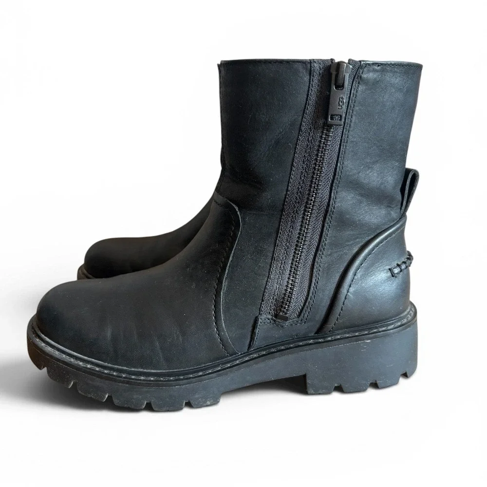 UGG Polk Black Leather Ankle Boots Lug Sole Side Zip 1103752 Womens 8